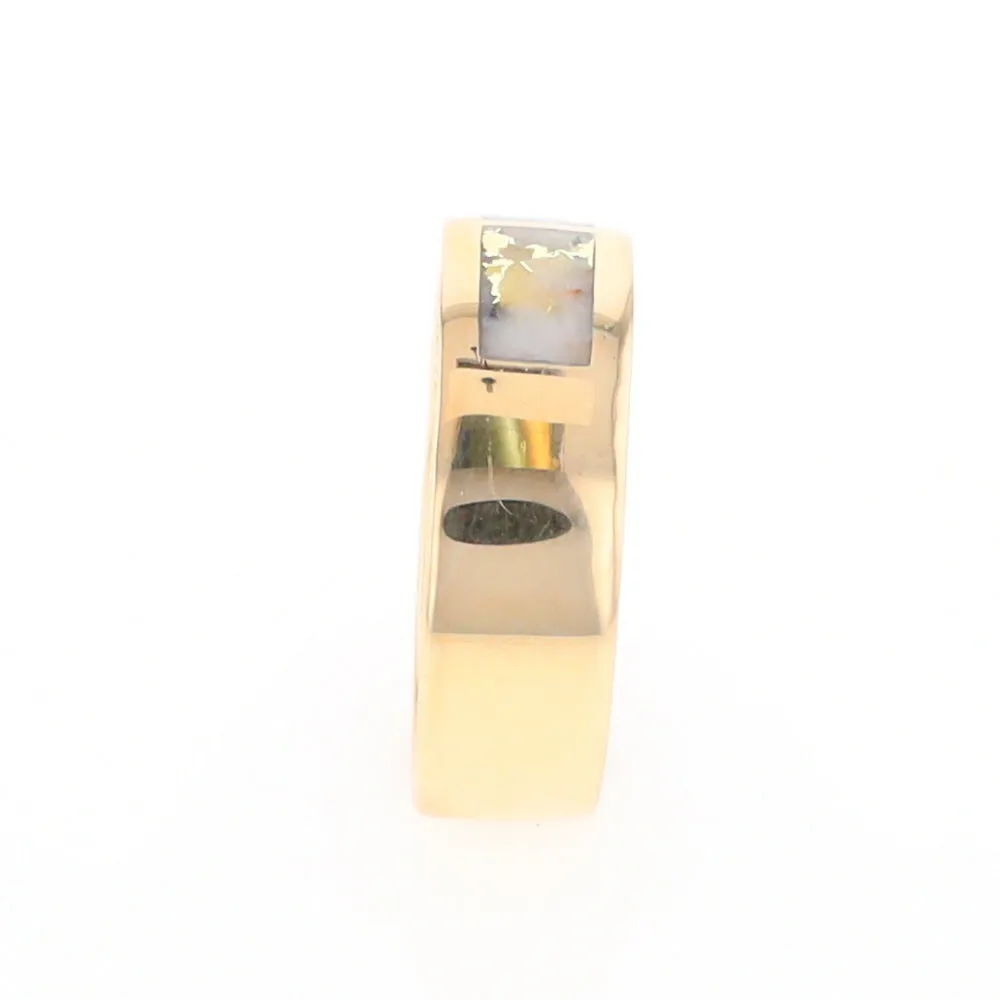 Gold Quartz Ring 3 Section Rectangle Inlaid Band with Milgrain Design