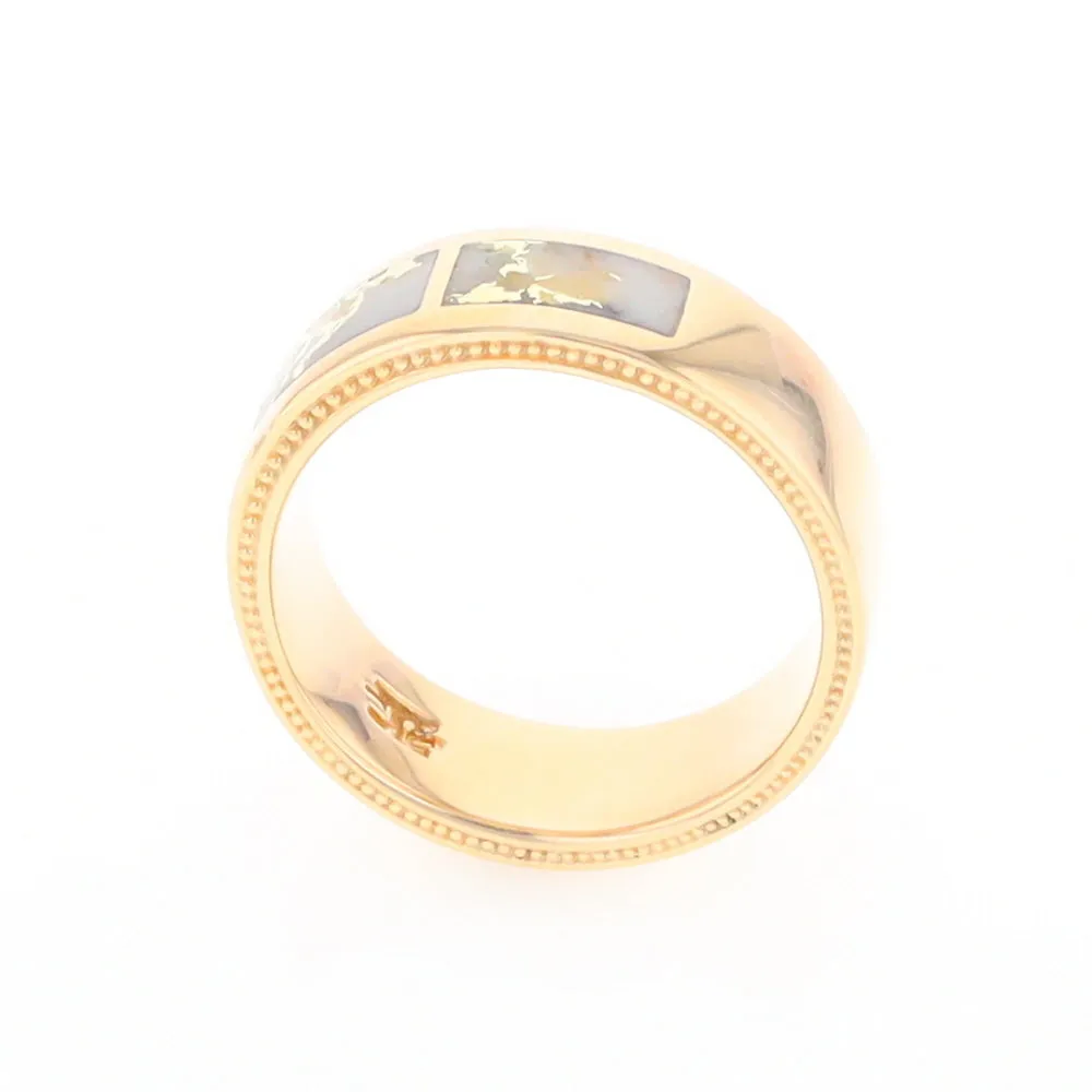 Gold Quartz Ring 3 Section Rectangle Inlaid Band with Milgrain Design