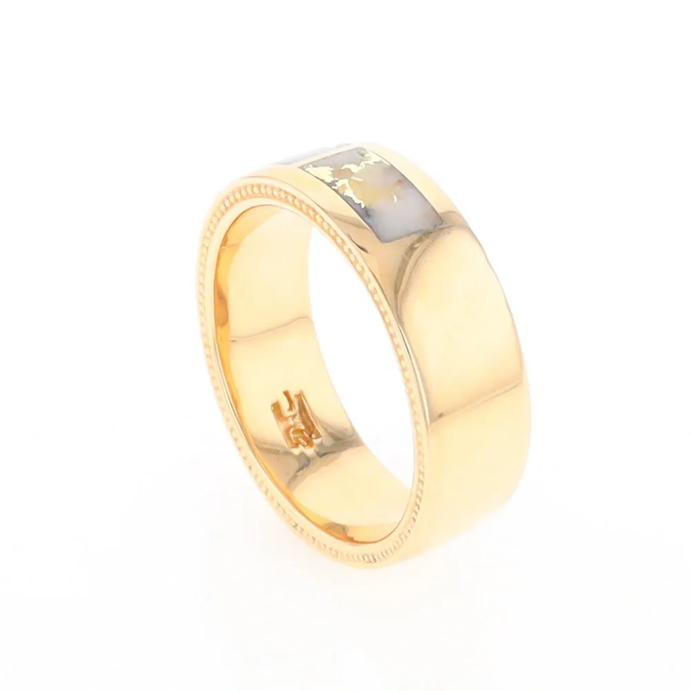Gold Quartz Ring 3 Section Rectangle Inlaid Band with Milgrain Design