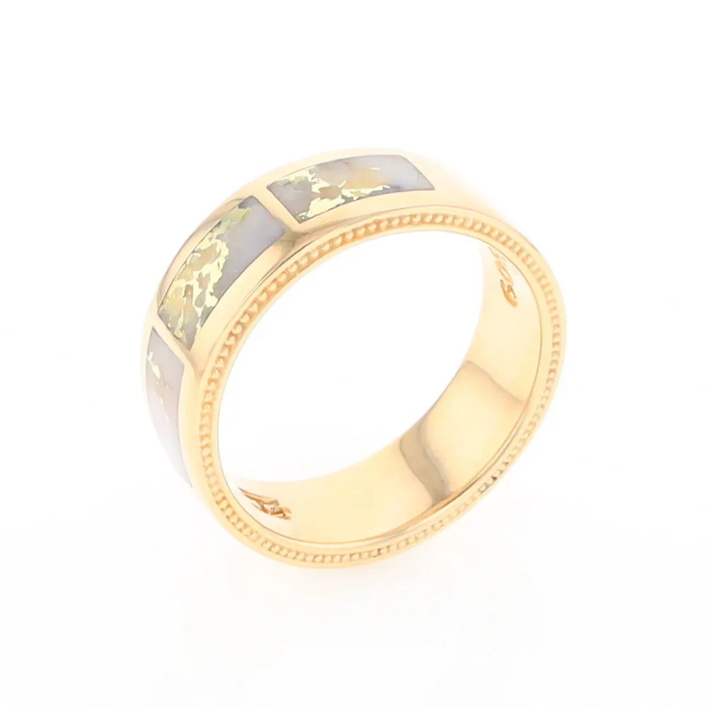 Gold Quartz Ring 3 Section Rectangle Inlaid Band with Milgrain Design