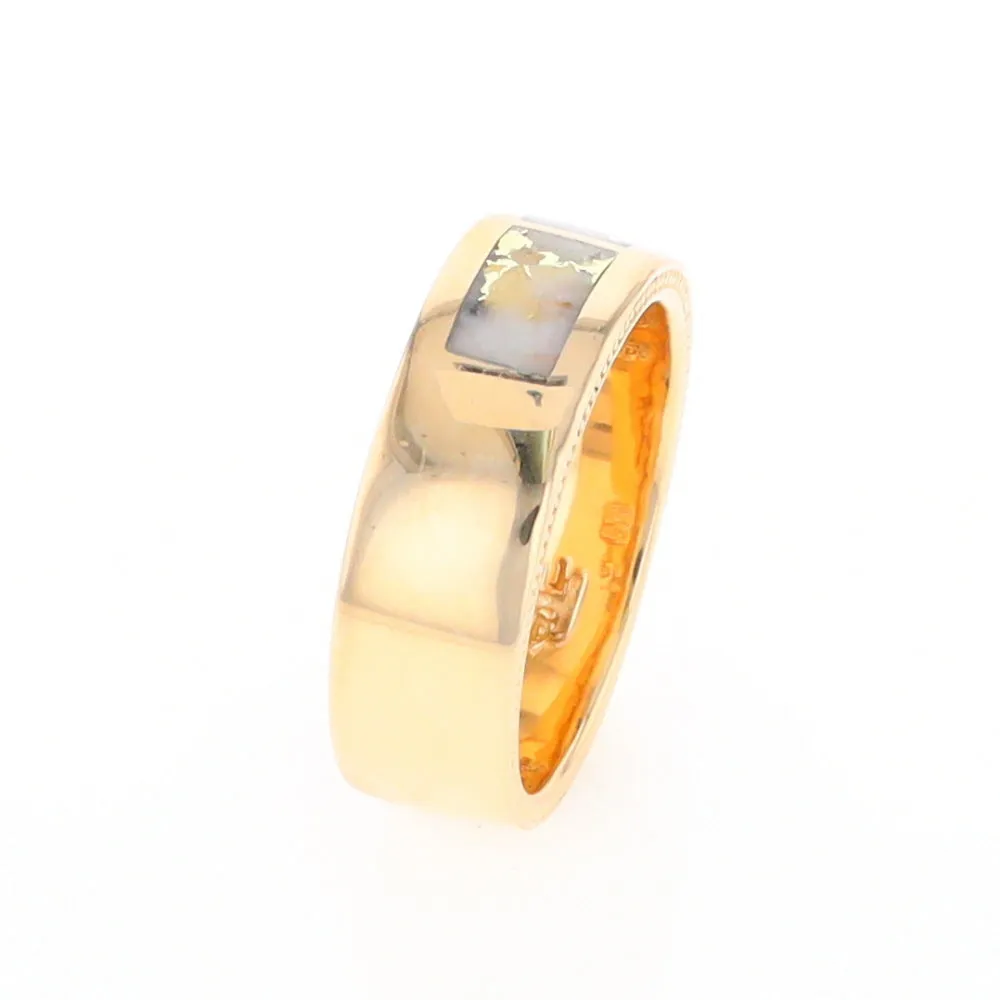 Gold Quartz Ring 3 Section Rectangle Inlaid Band with Milgrain Design