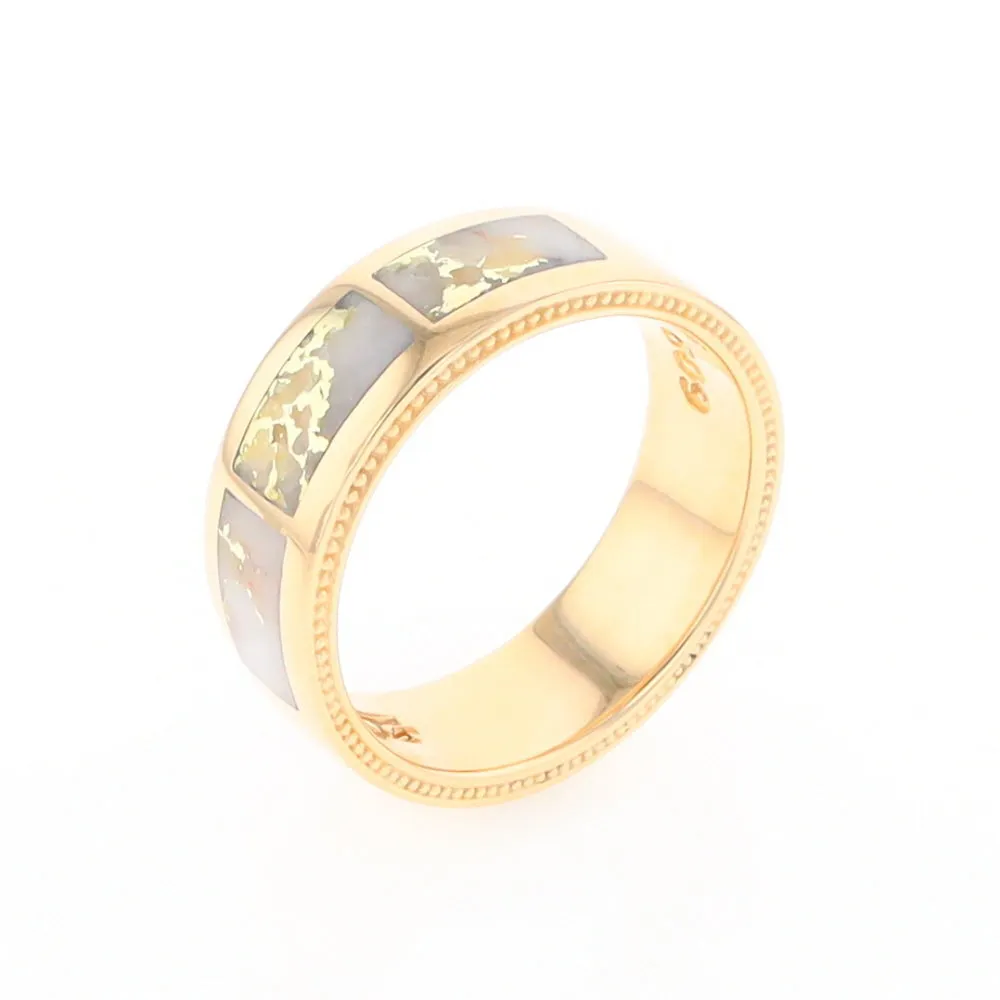 Gold Quartz Ring 3 Section Rectangle Inlaid Band with Milgrain Design