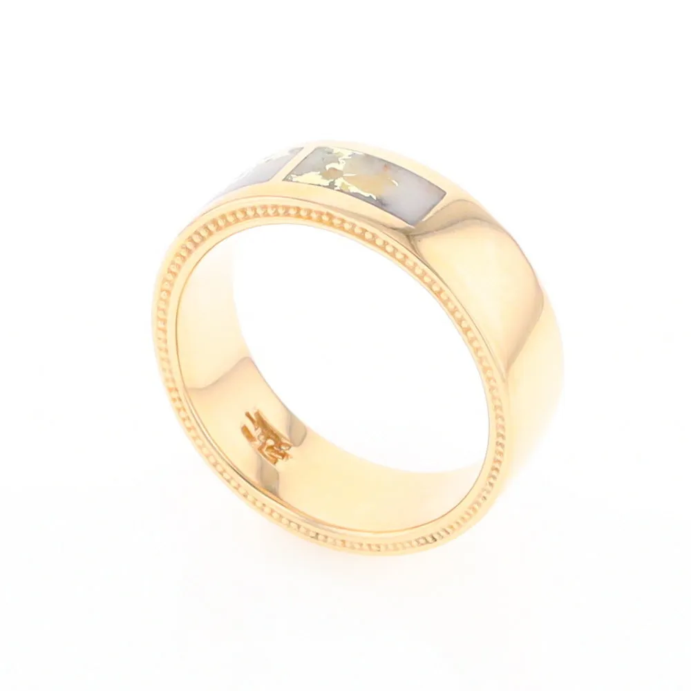 Gold Quartz Ring 3 Section Rectangle Inlaid Band with Milgrain Design