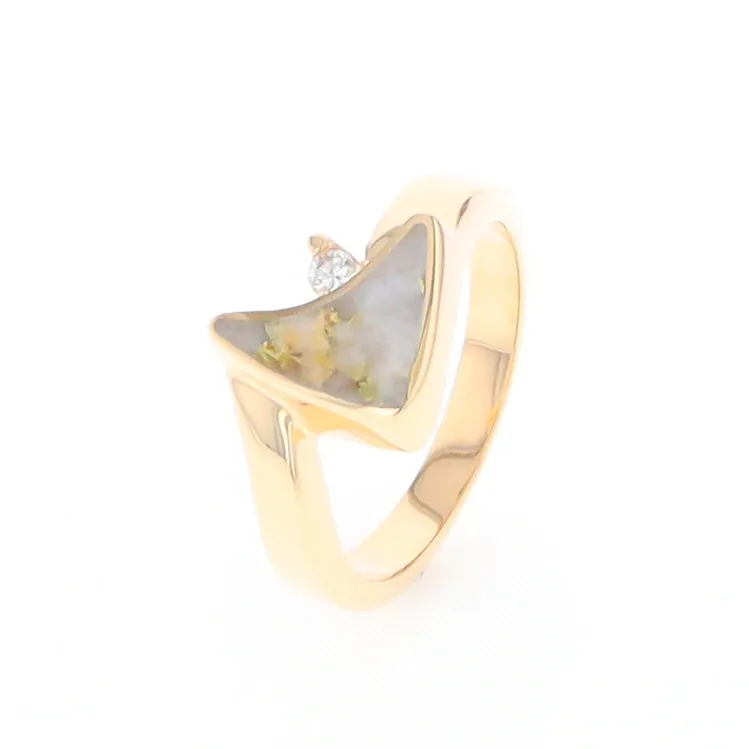 Gold Quartz Ring Boat Sail Inlaid Design with .04ct Round Diamond