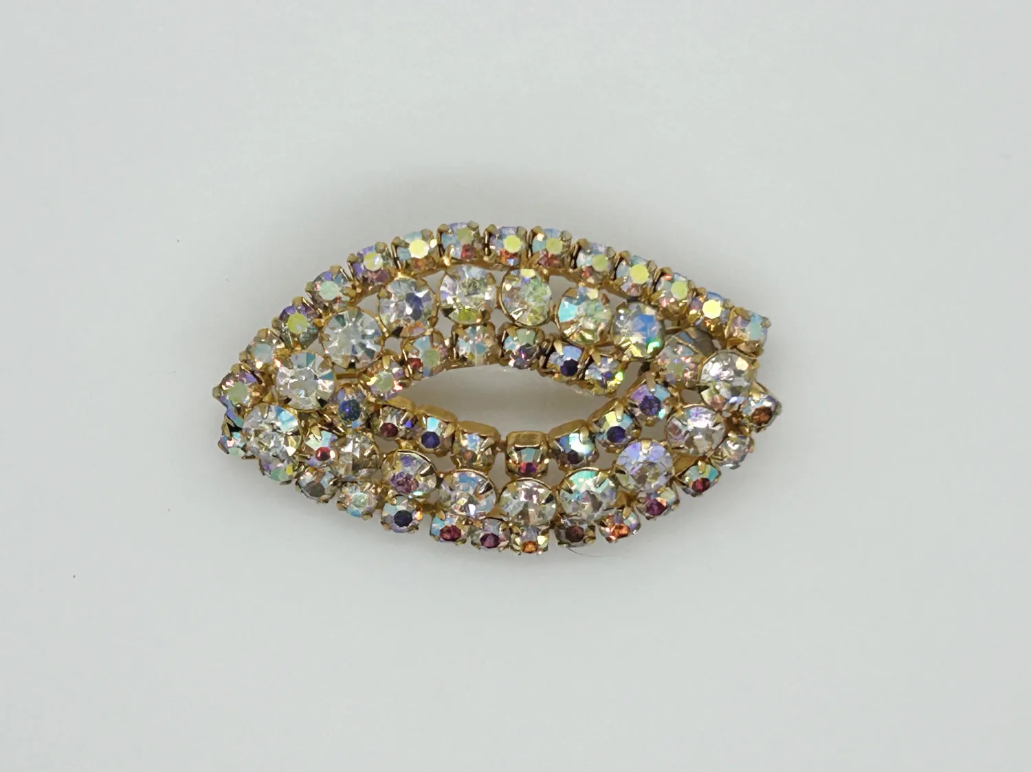 Golden Rhinestones Marquise Shaped Vintage Brooch