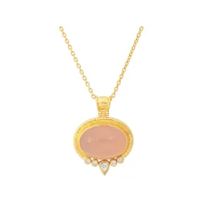 Gurhan One-of-a-Kind 24K Yellow Gold Oval Cabochon Pink Quartz Diamond Pendant Necklace
