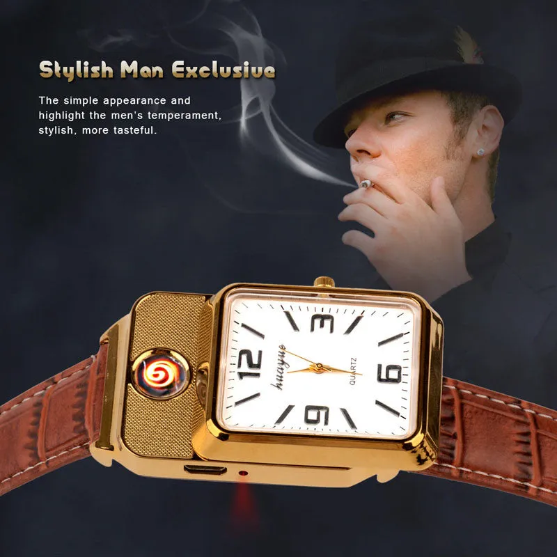 Hot sale Quartz Watch with Cigarette Lighter / USB Watch Lighter Red light Electronic Flameless Windproof Cigarette Lighter