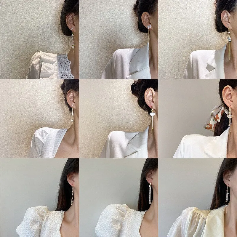 Korean Fashion Simple Tassel Earrings Female Net Red Personality Full Diamond Earrings Temperament Opal Earrings Jewely