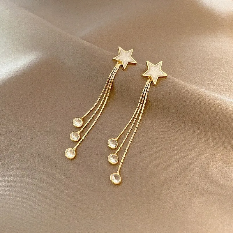 Korean Fashion Simple Tassel Earrings Female Net Red Personality Full Diamond Earrings Temperament Opal Earrings Jewely
