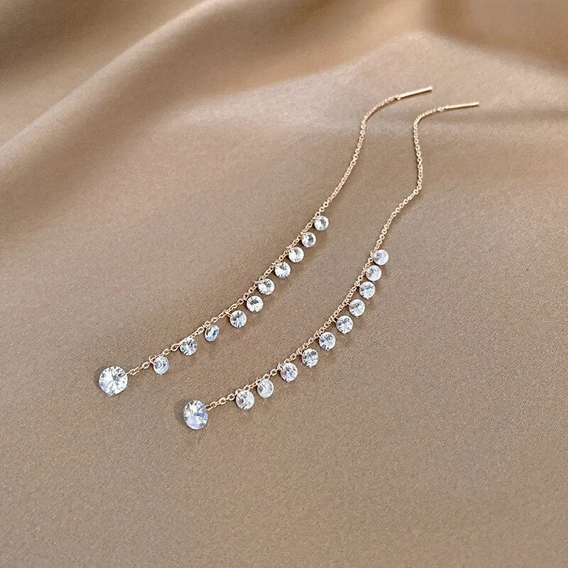 Korean Fashion Simple Tassel Earrings Female Net Red Personality Full Diamond Earrings Temperament Opal Earrings Jewely