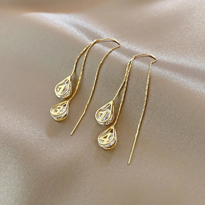 Korean Fashion Simple Tassel Earrings Female Net Red Personality Full Diamond Earrings Temperament Opal Earrings Jewely