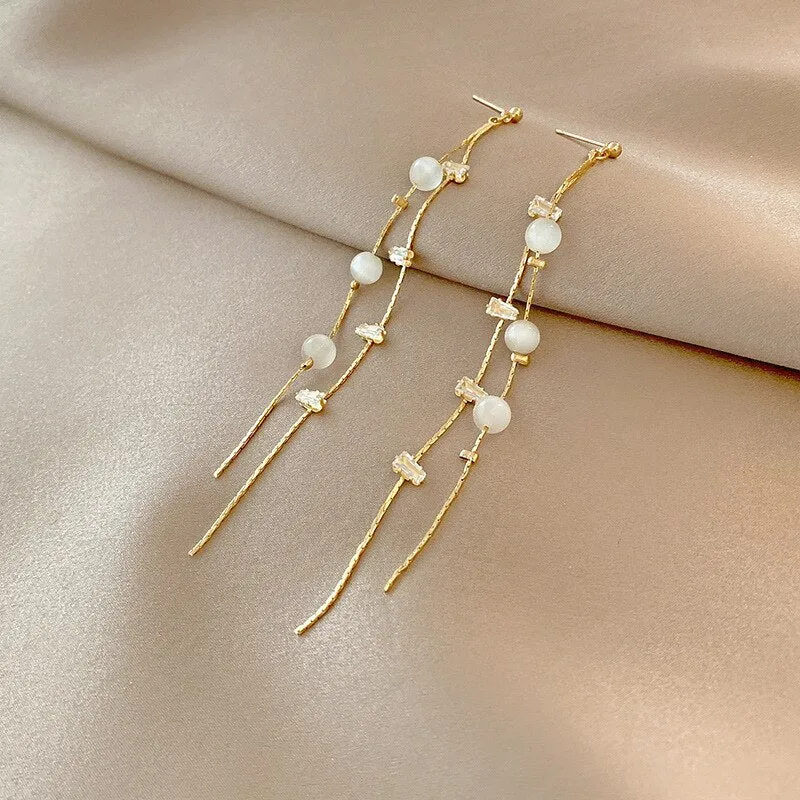 Korean Fashion Simple Tassel Earrings Female Net Red Personality Full Diamond Earrings Temperament Opal Earrings Jewely