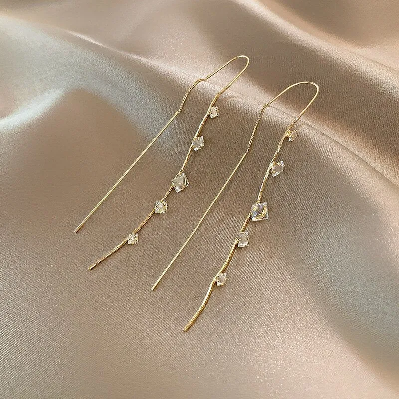 Korean Fashion Simple Tassel Earrings Female Net Red Personality Full Diamond Earrings Temperament Opal Earrings Jewely