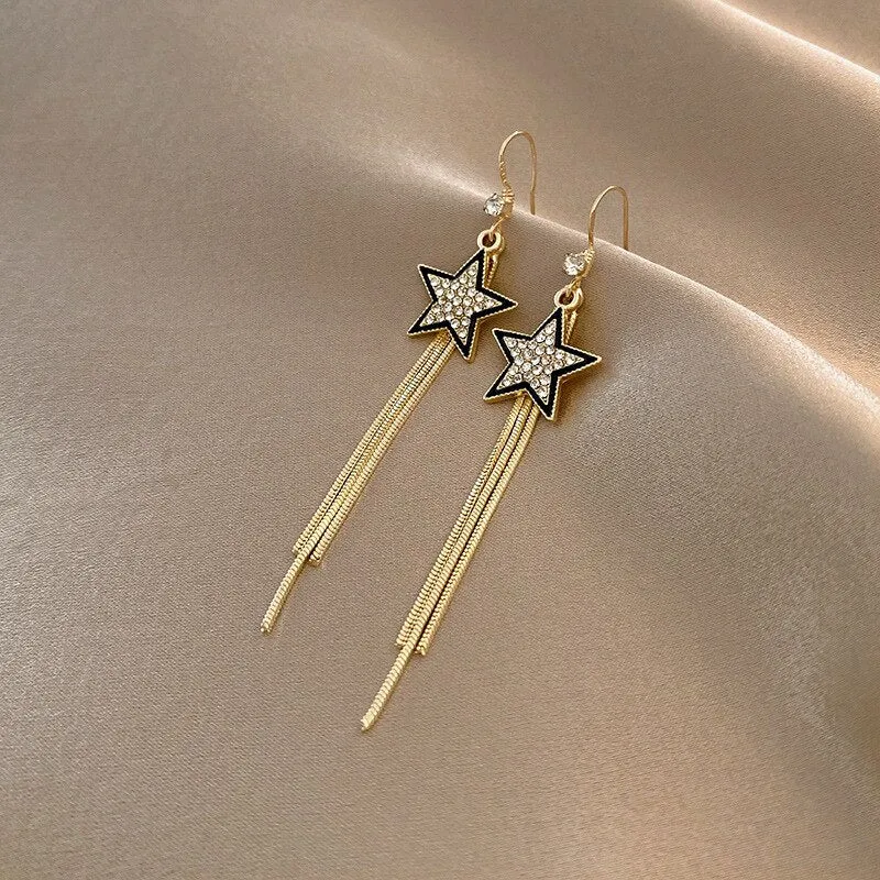 Korean Fashion Simple Tassel Earrings Female Net Red Personality Full Diamond Earrings Temperament Opal Earrings Jewely