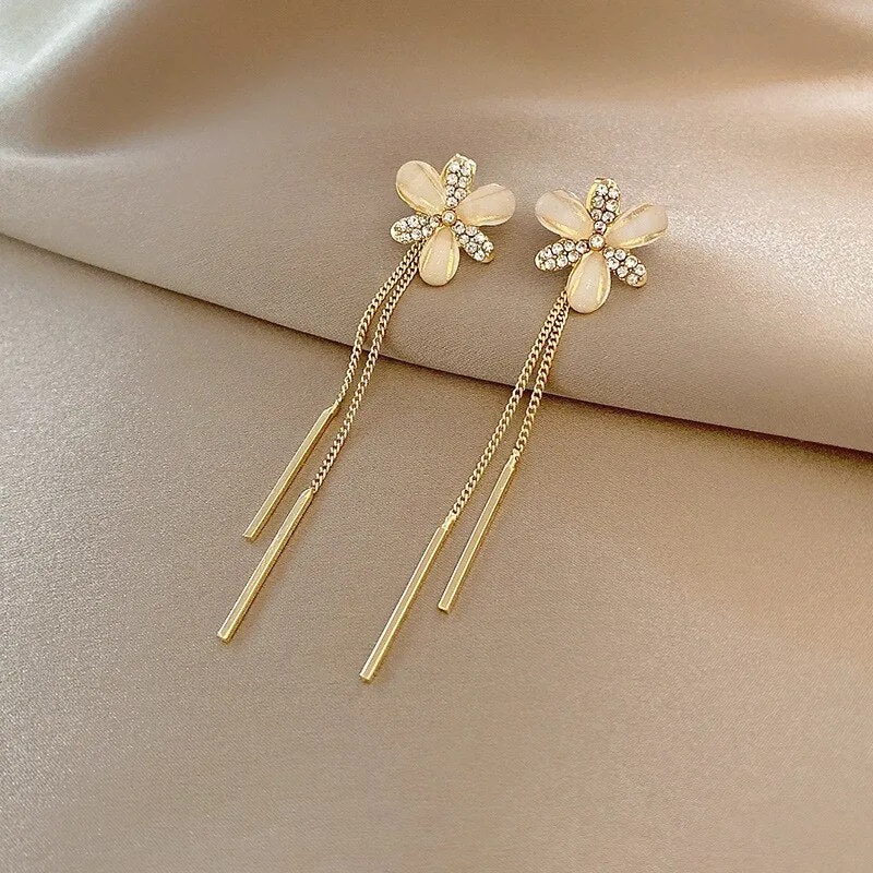 Korean Fashion Simple Tassel Earrings Female Net Red Personality Full Diamond Earrings Temperament Opal Earrings Jewely