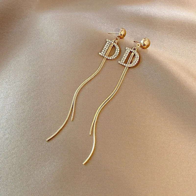 Korean Fashion Simple Tassel Earrings Female Net Red Personality Full Diamond Earrings Temperament Opal Earrings Jewely