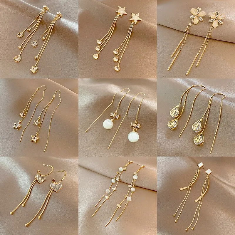 Korean Fashion Simple Tassel Earrings Female Net Red Personality Full Diamond Earrings Temperament Opal Earrings Jewely
