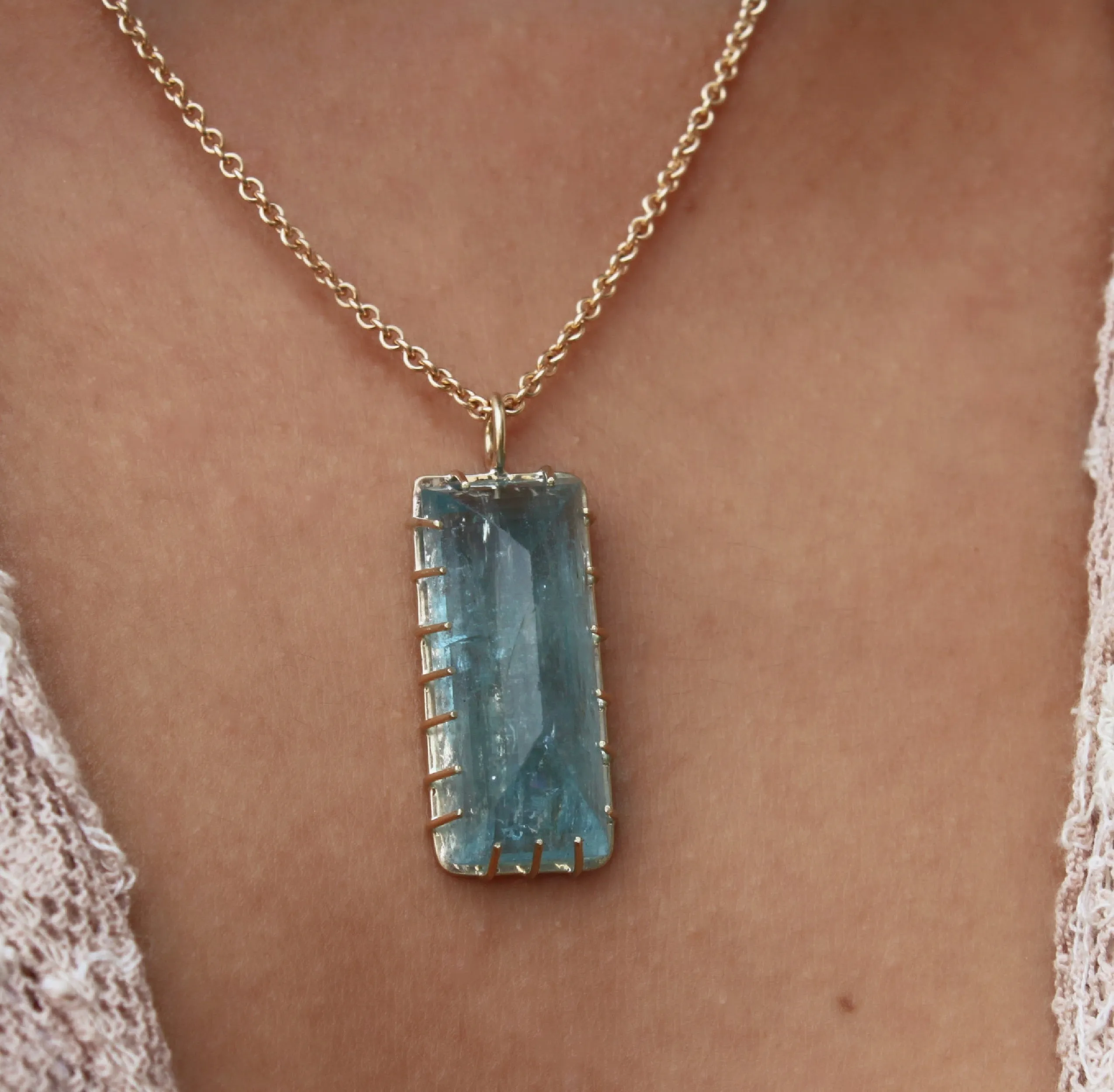 Large Rectangular Raw Aquamarine Multi Prong Necklace