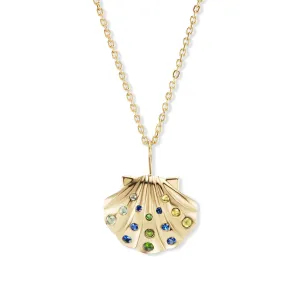 Medium Gold Shell Pendant with Blue-Green Cabochons