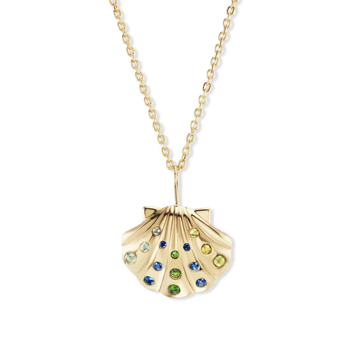 Medium Gold Shell Pendant with Blue-Green Cabochons