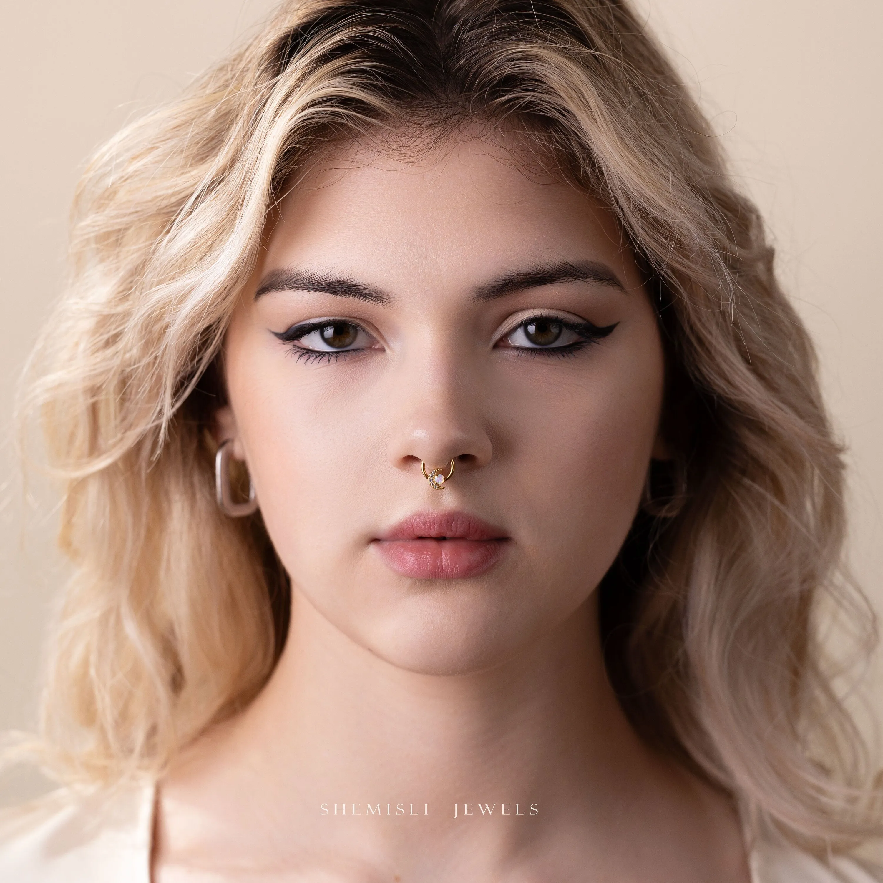 Moon Opal Septum Ring, Nose Ring, Daith Ring, Hinged Clicker Hoop, 16ga 8mm or 10mm, Unisex, Surgical Steel, SHEMISLI SH640, SH641