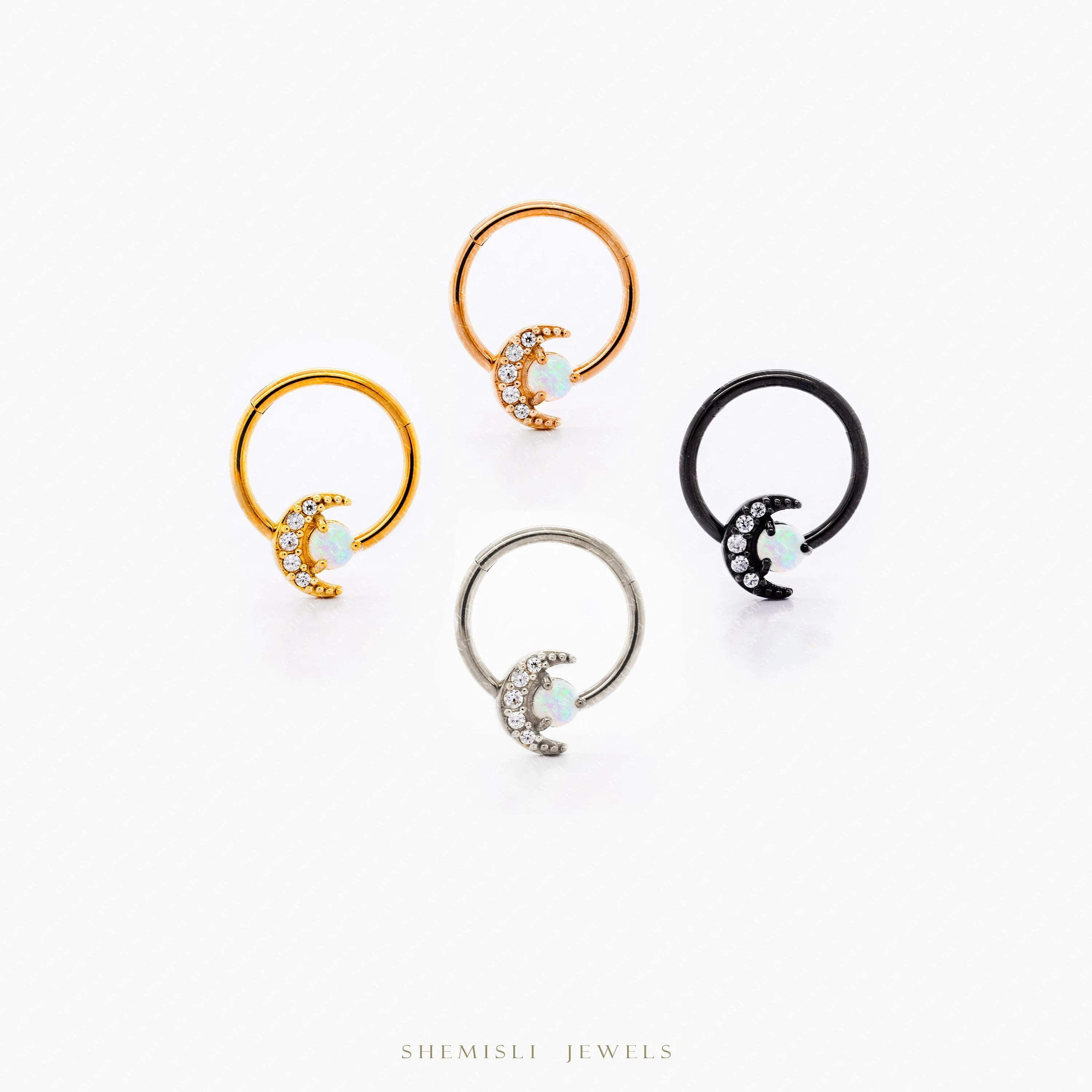 Moon Opal Septum Ring, Nose Ring, Daith Ring, Hinged Clicker Hoop, 16ga 8mm or 10mm, Unisex, Surgical Steel, SHEMISLI SH640, SH641
