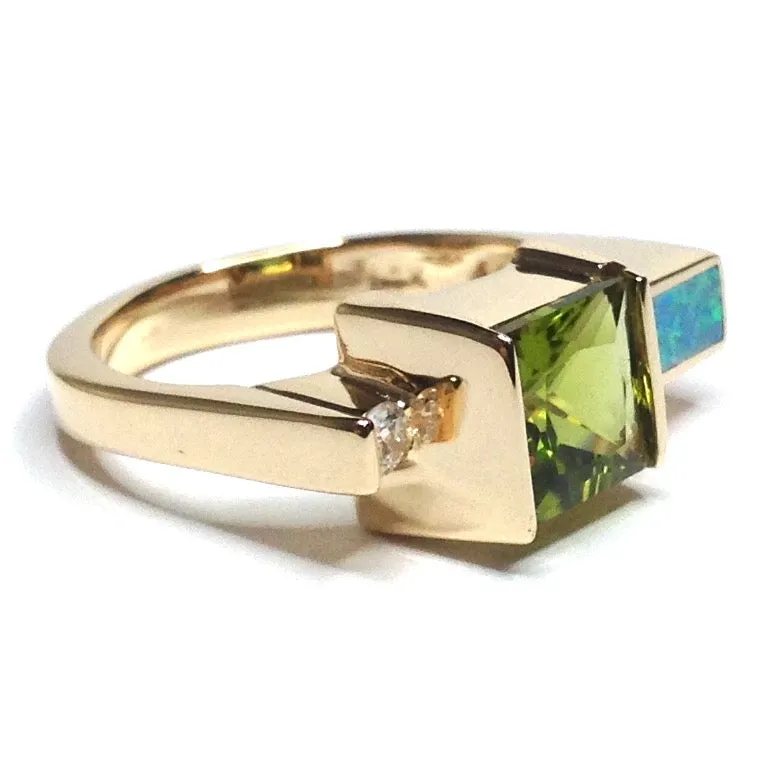 Opal Rings Rectangle Inlaid with Peridot and .06ctw Round Diamonds