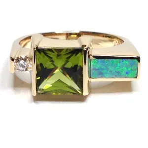 Opal Rings Rectangle Inlaid with Peridot and .06ctw Round Diamonds