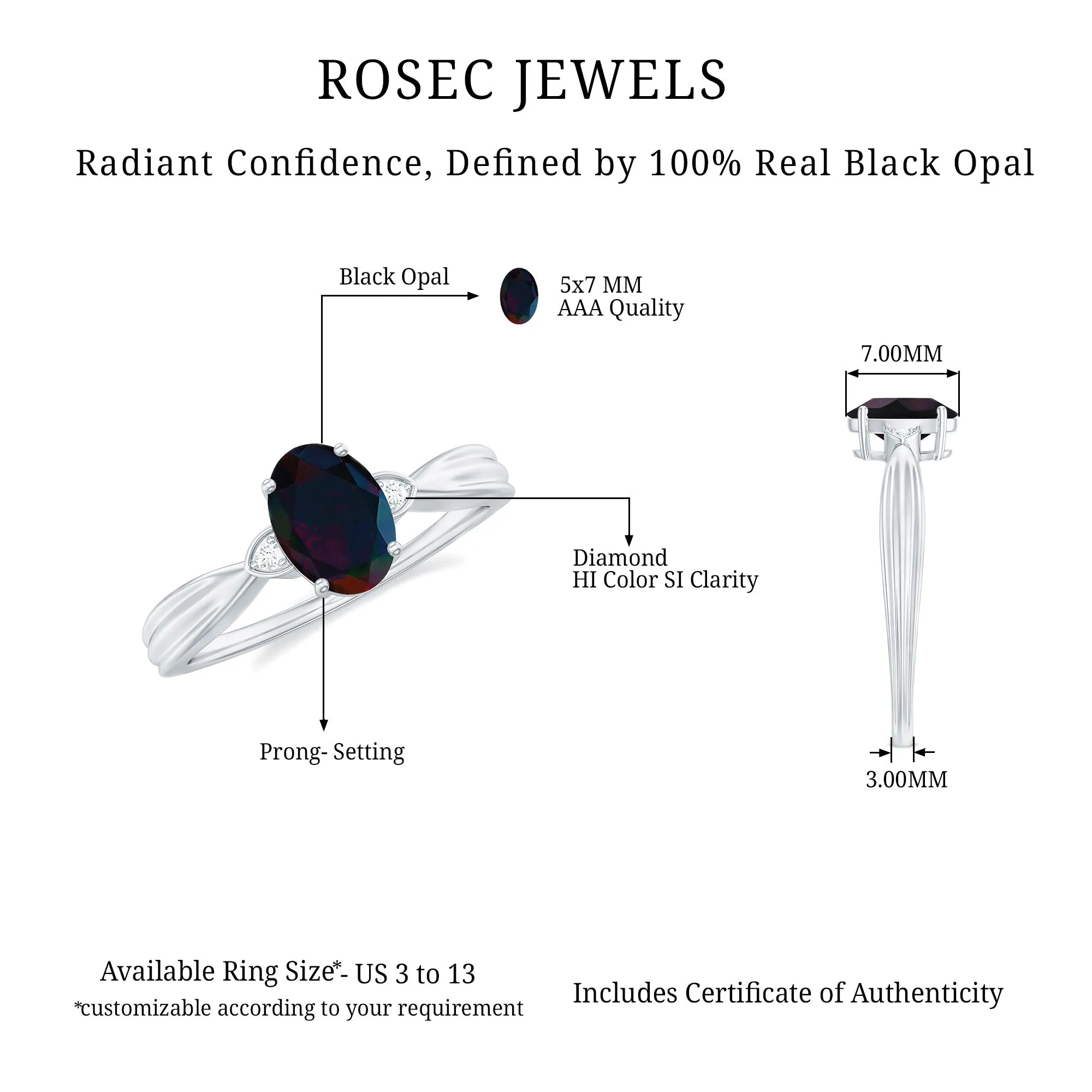 Oval Cut Real Black Opal Solitaire Ring with Diamond