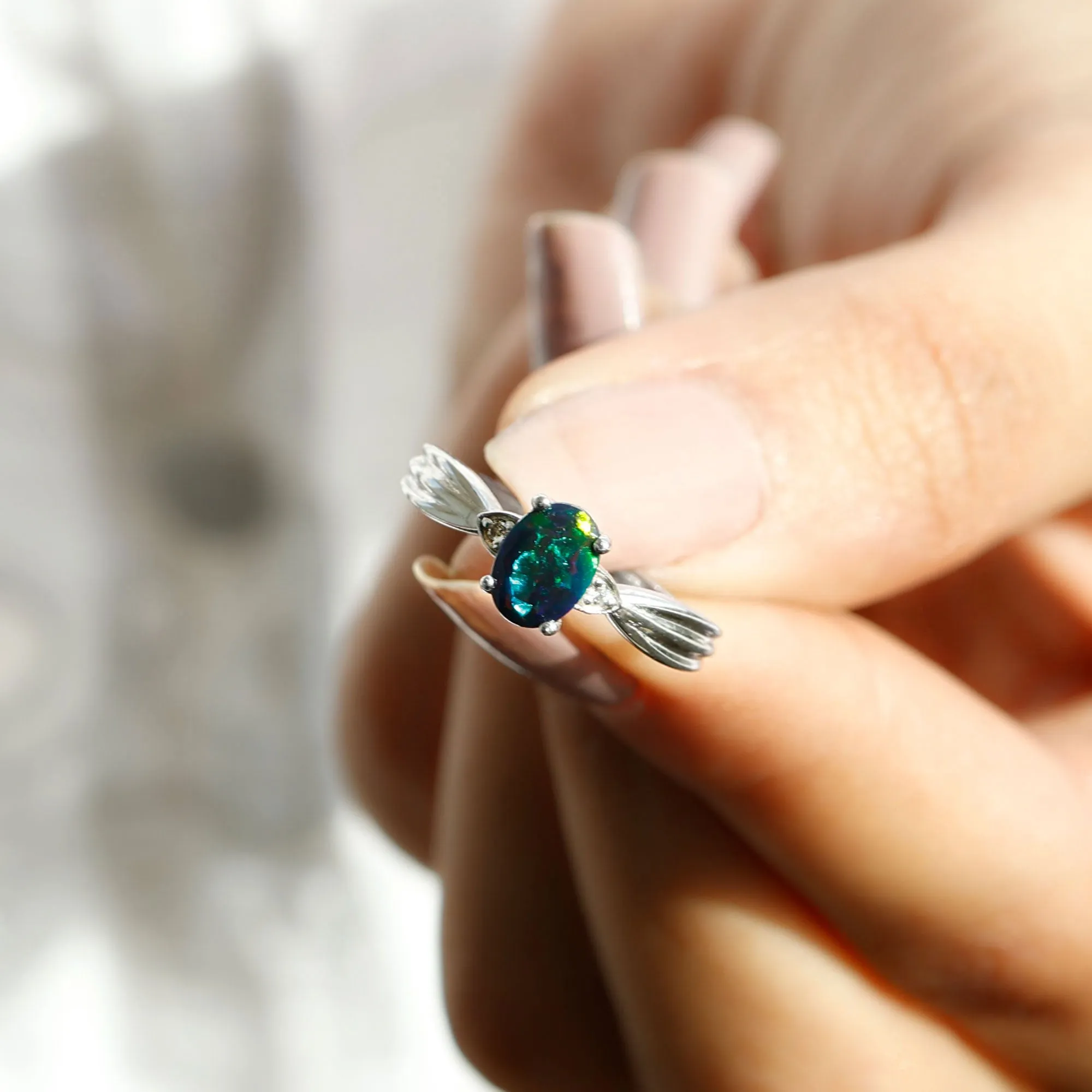 Oval Cut Real Black Opal Solitaire Ring with Diamond