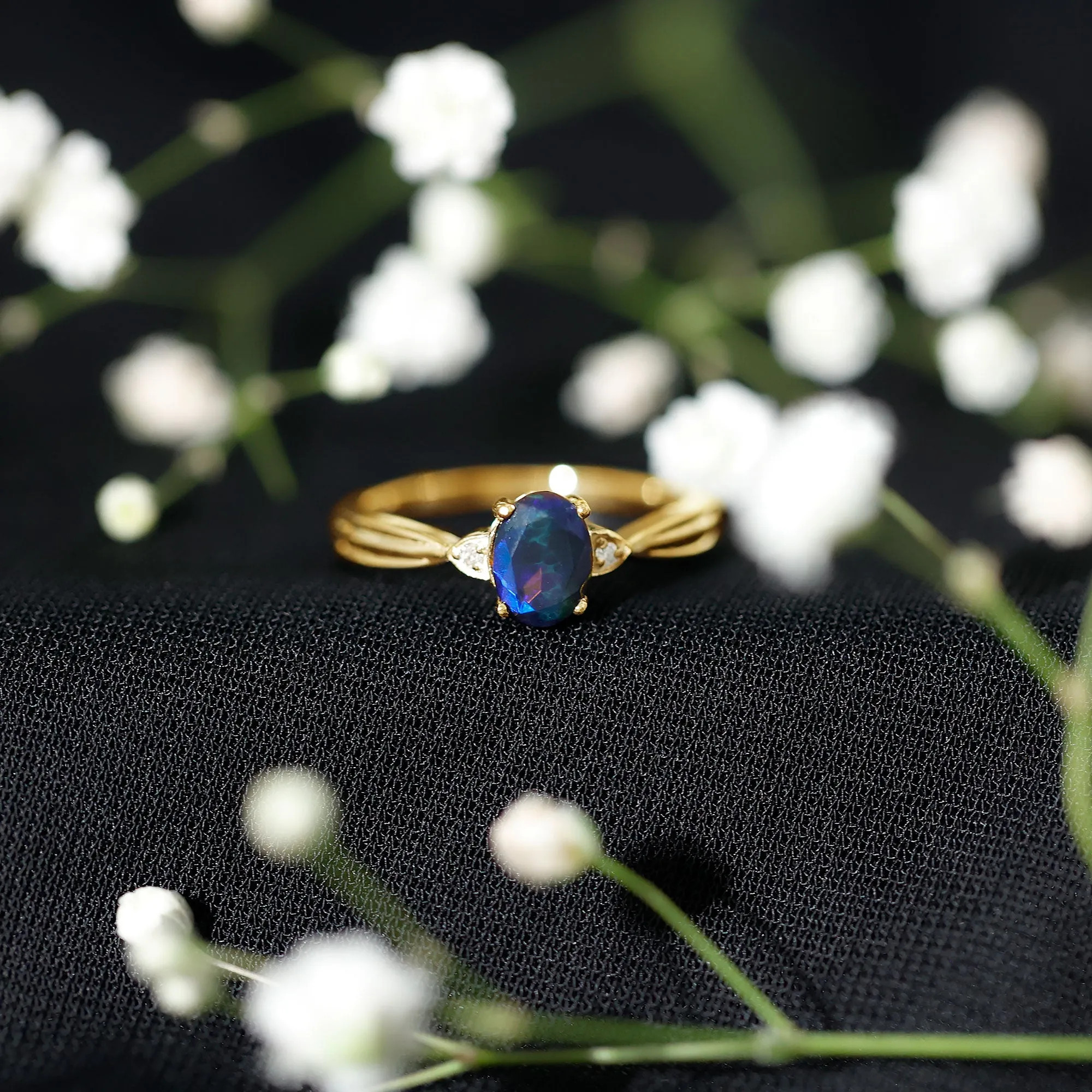 Oval Cut Real Black Opal Solitaire Ring with Diamond
