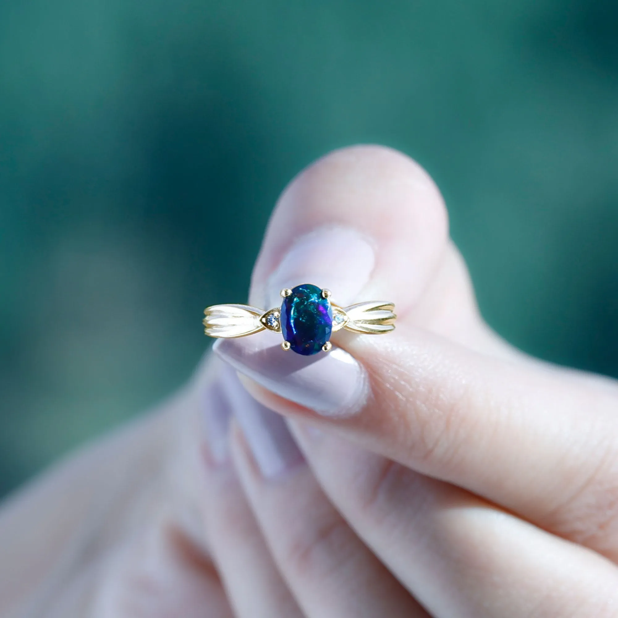 Oval Cut Real Black Opal Solitaire Ring with Diamond