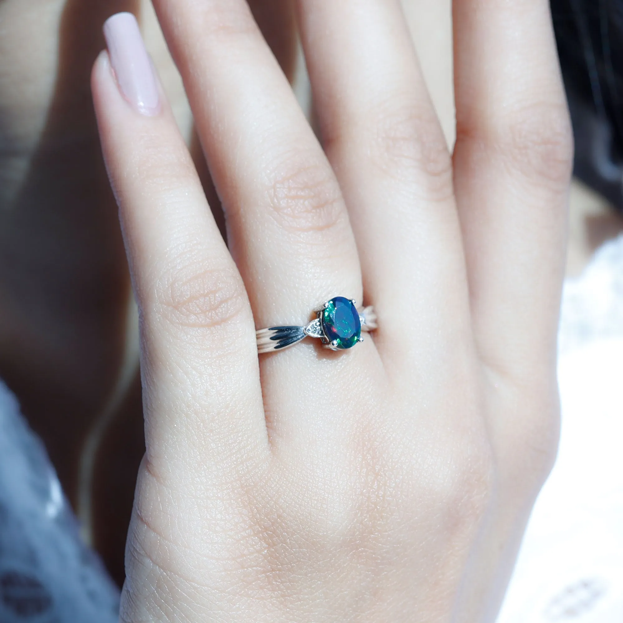 Oval Cut Real Black Opal Solitaire Ring with Diamond