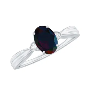 Oval Cut Real Black Opal Solitaire Ring with Diamond