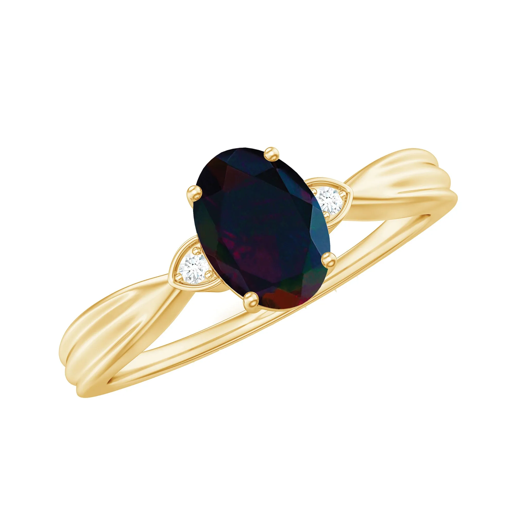 Oval Cut Real Black Opal Solitaire Ring with Diamond