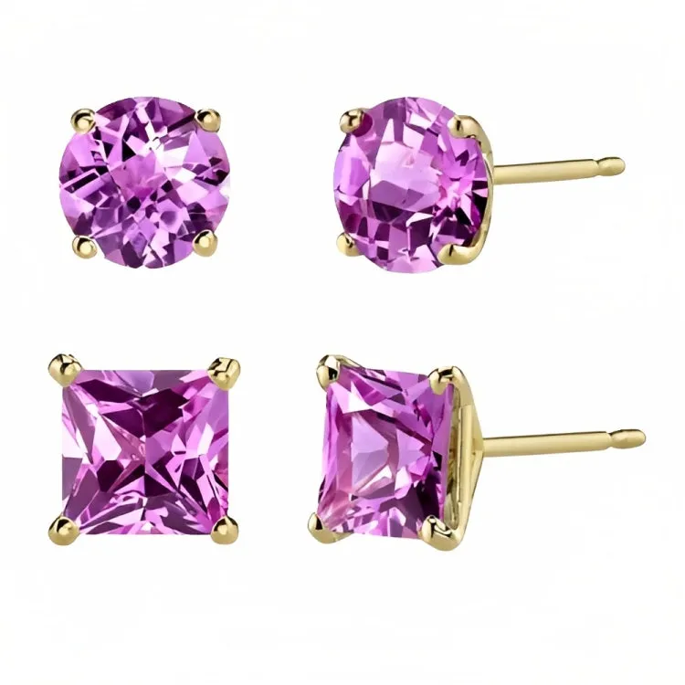 Paris Jewelry 18k Yellow Gold 2 Pair Created Pink Sapphire 4mm, 6mm Round & Princess Cut Stud Earrings Plated