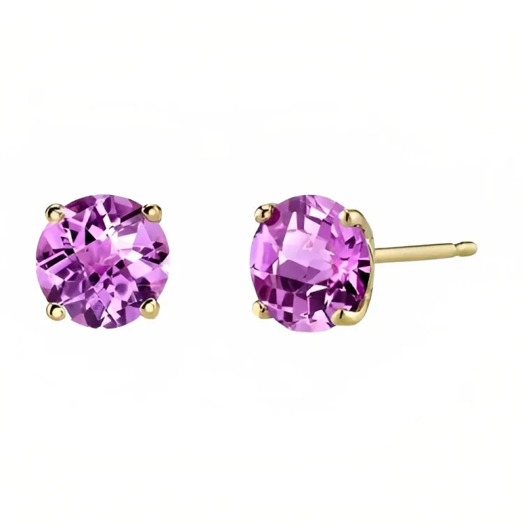 Paris Jewelry 18k Yellow Gold 2 Pair Created Pink Sapphire 4mm, 6mm Round & Princess Cut Stud Earrings Plated