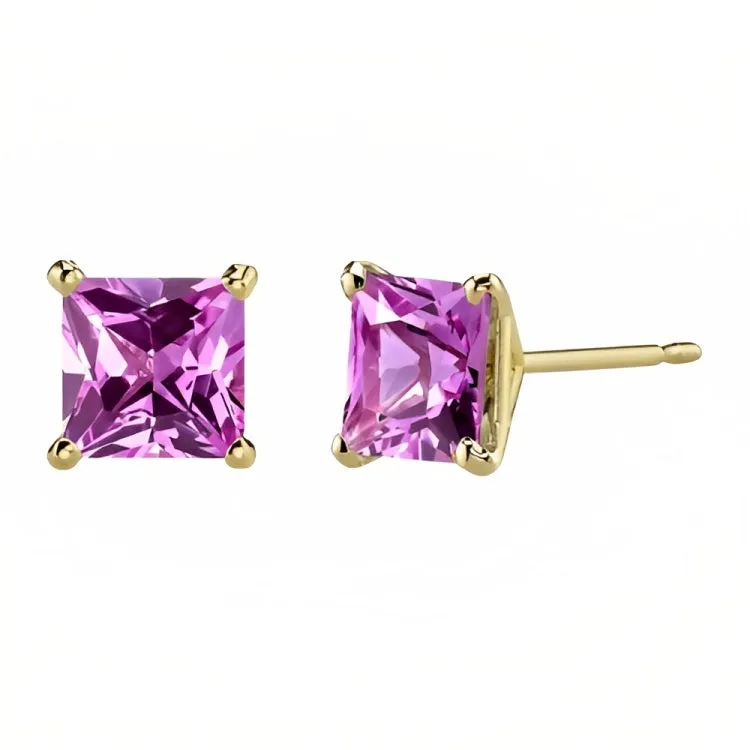 Paris Jewelry 18k Yellow Gold 2 Pair Created Pink Sapphire 4mm, 6mm Round & Princess Cut Stud Earrings Plated