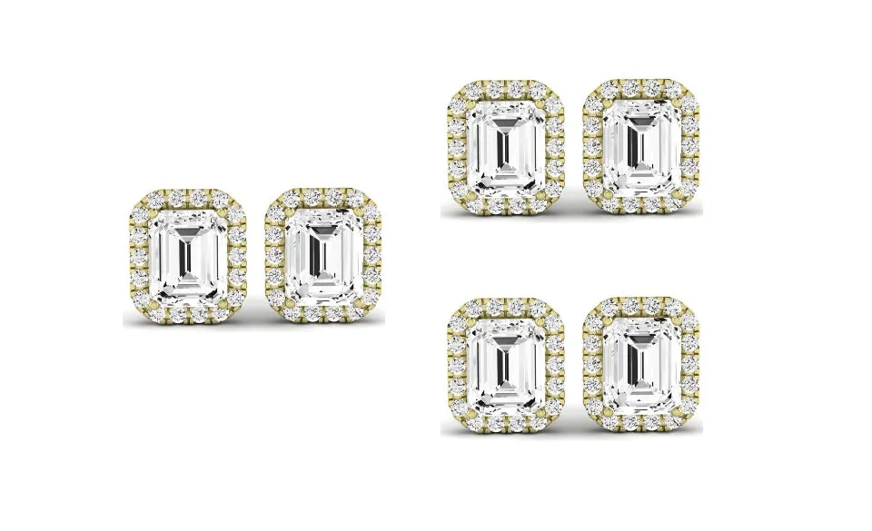 Paris jewelry 18k Yellow Gold 4mm 2Ct Emerald Cut White Sapphire Set Of Three Halo Stud Earrings Plated