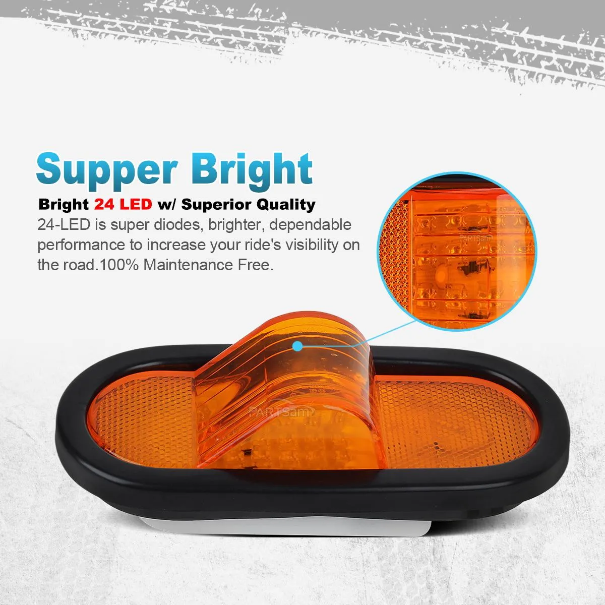 Partsam 2Pcs 6.5 inch Mid Turn Signal Amber Marker Light Rubber Mount 24 LED w/Reflex Lens Universal Waterproof 6 Inch Oval Led Mid-Ship Marker and Turn Signal Semi Truck Trailer Light