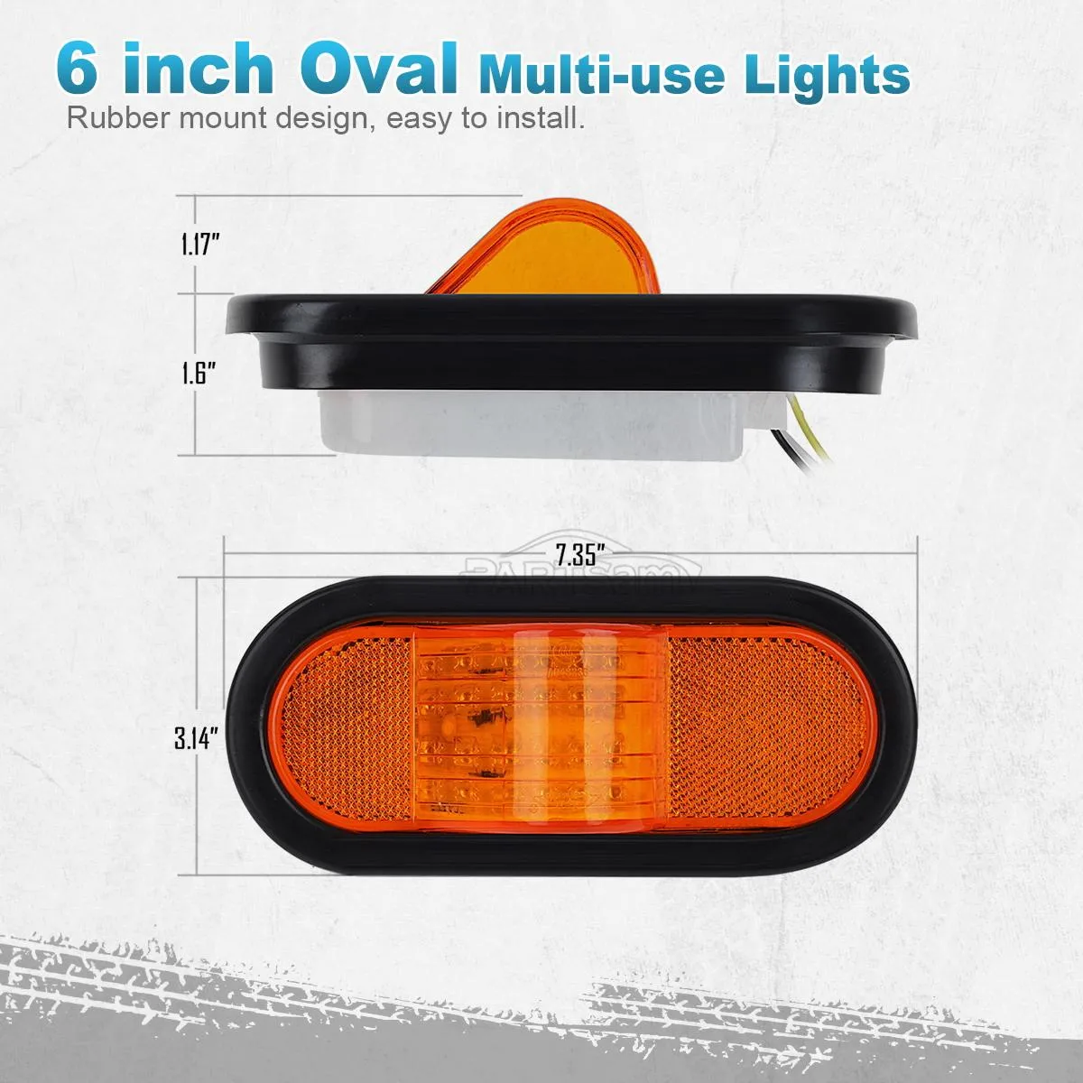 Partsam 2Pcs 6.5 inch Mid Turn Signal Amber Marker Light Rubber Mount 24 LED w/Reflex Lens Universal Waterproof 6 Inch Oval Led Mid-Ship Marker and Turn Signal Semi Truck Trailer Light