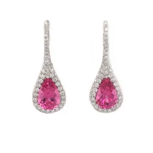 Pear Rubellite and Diamond Halo Drop Earrings