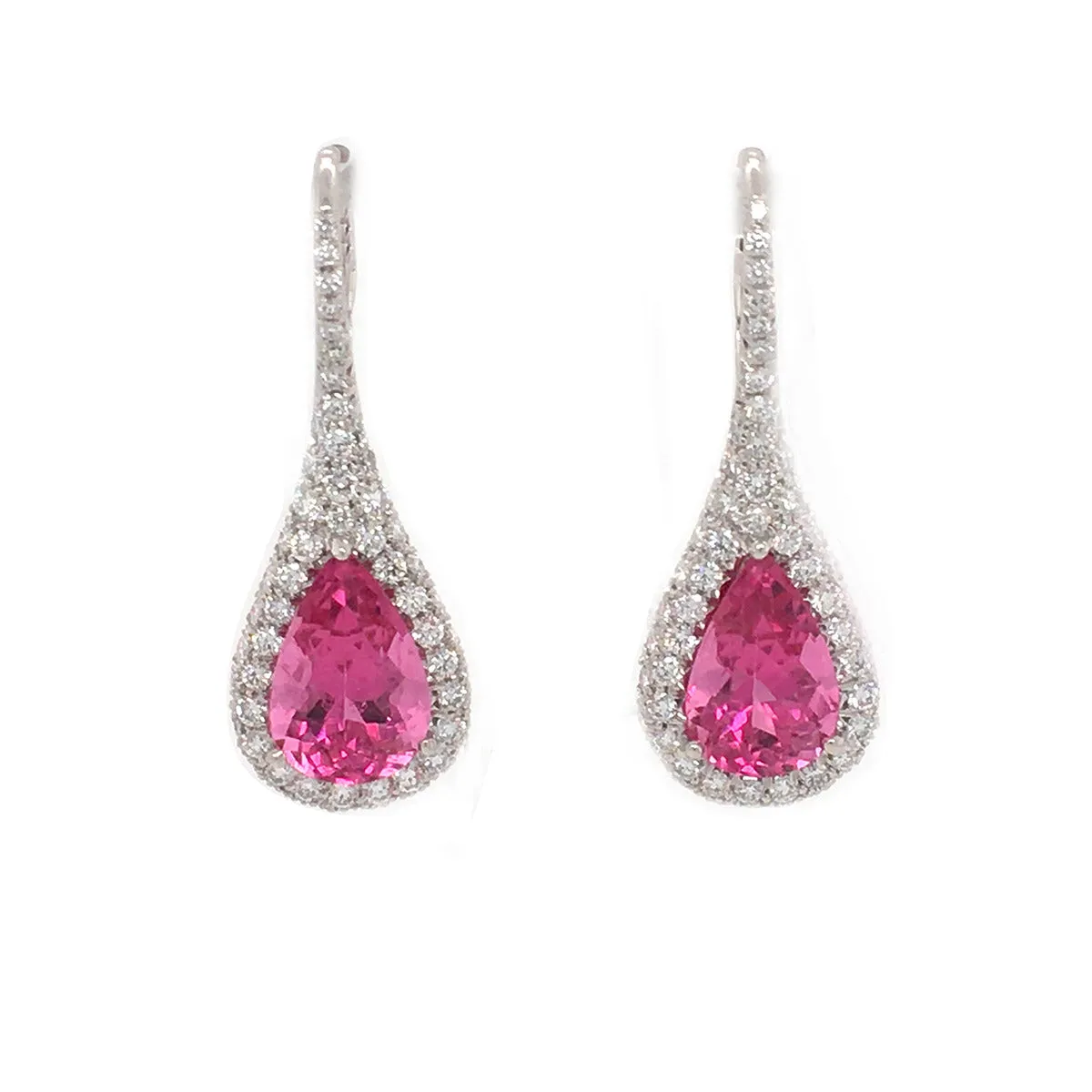 Pear Rubellite and Diamond Halo Drop Earrings
