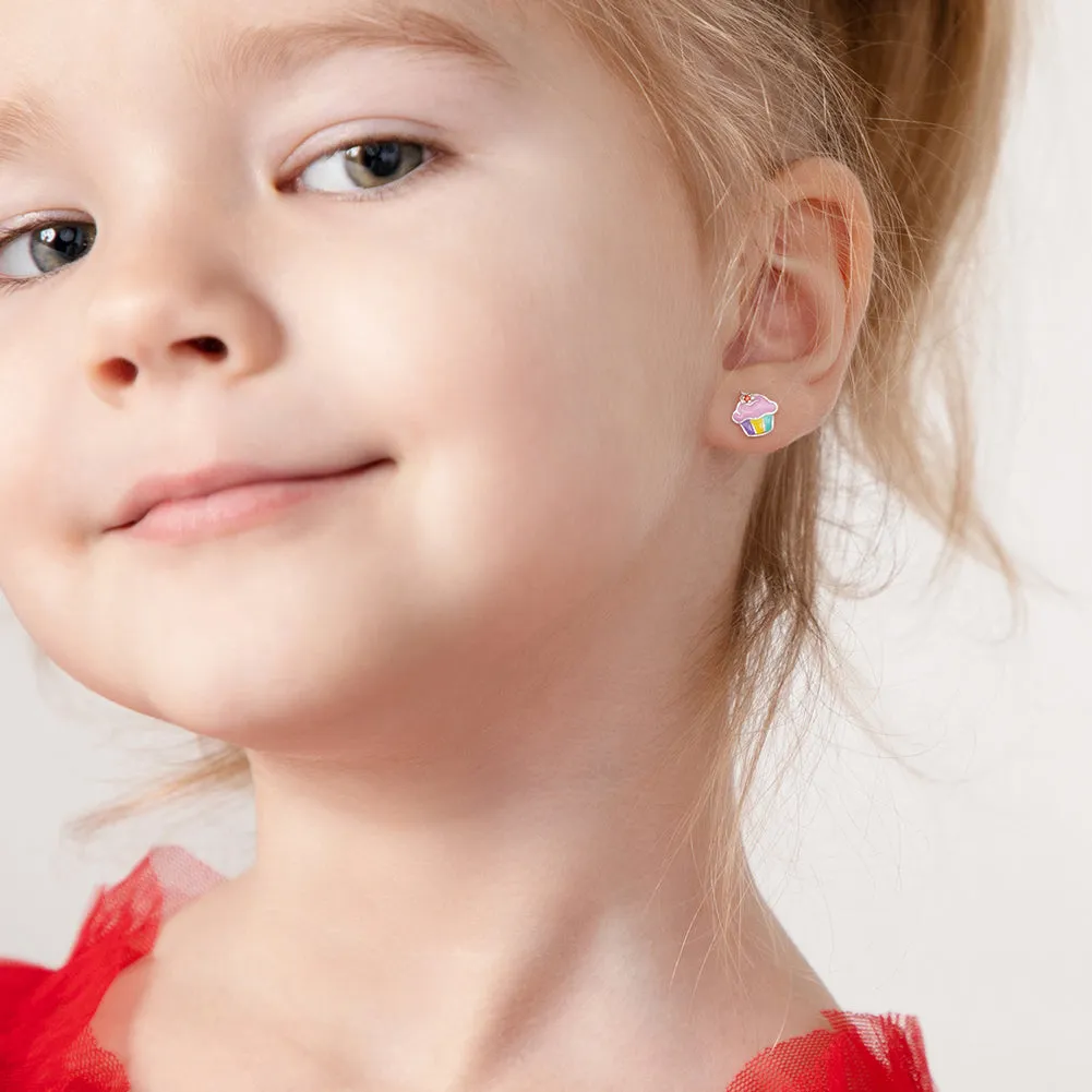 Pink Frosted Cupcake Kids / Children's / Girls Earrings Enamel - Sterling Silver