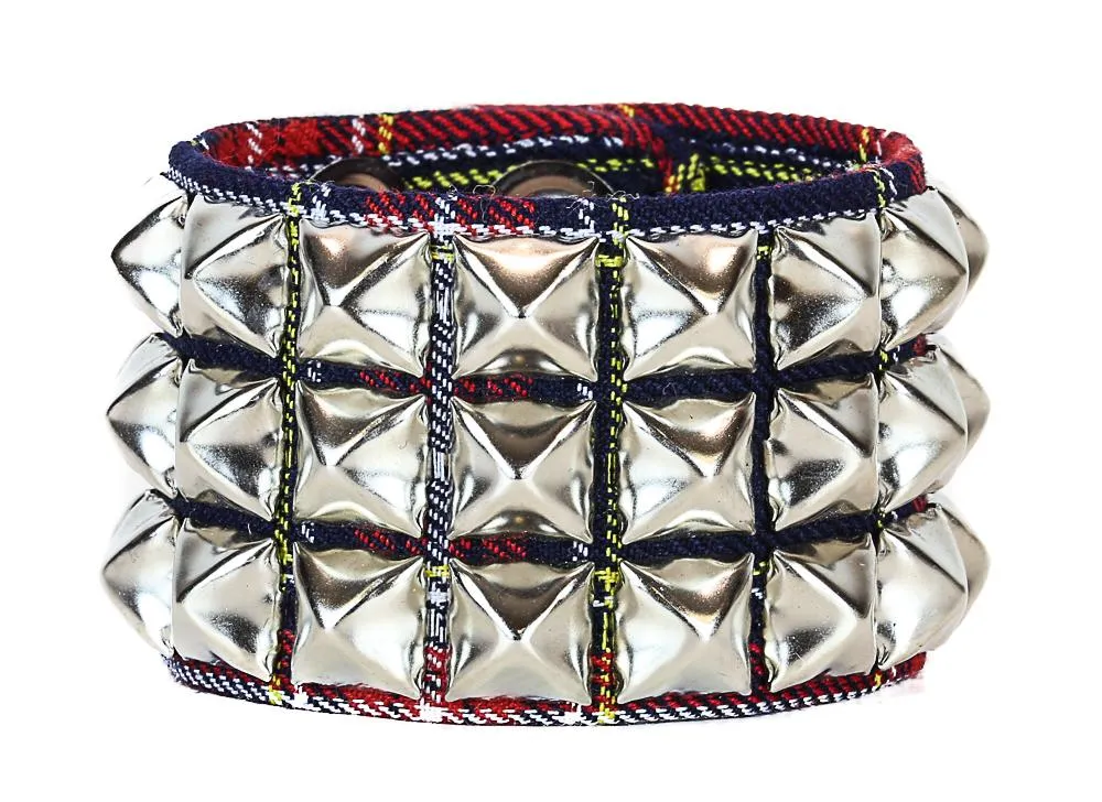 Plaid Studded Bracelet 3 Row Pyramid