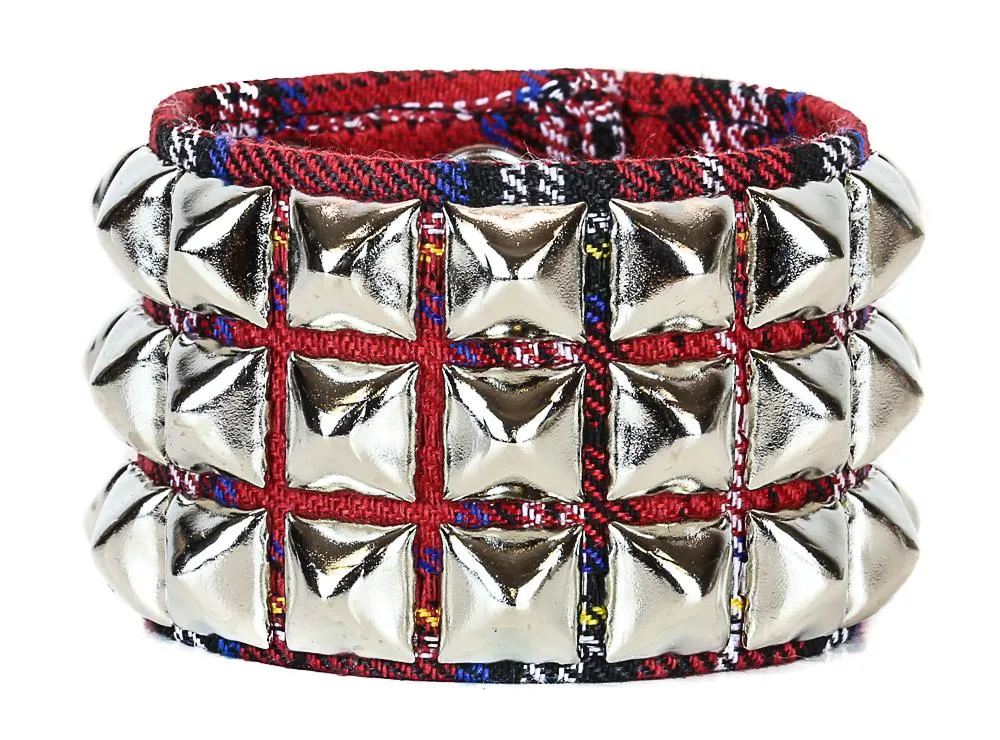 Plaid Studded Bracelet 3 Row Pyramid