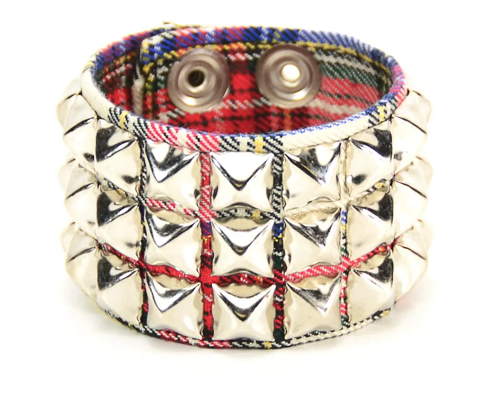 Plaid Studded Bracelet 3 Row Pyramid