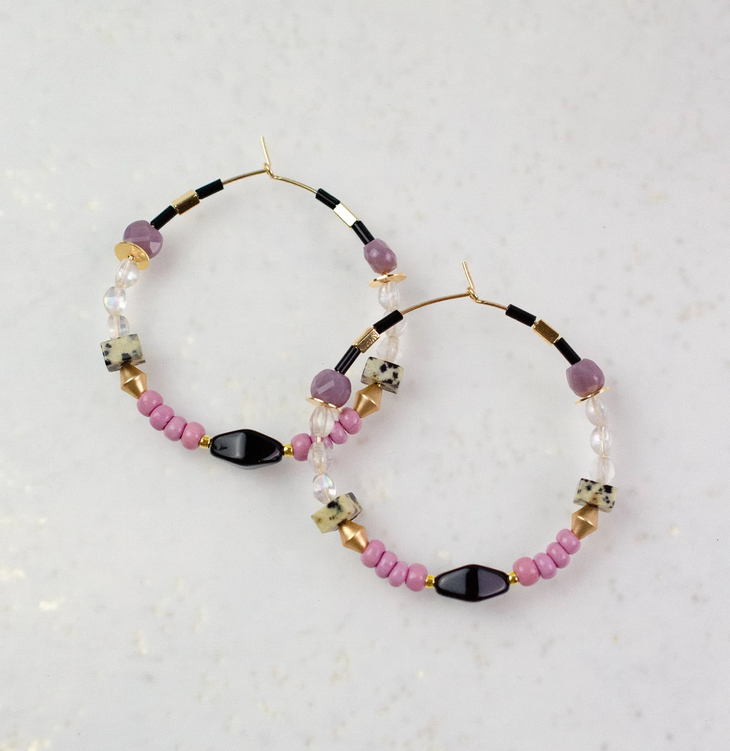 Purple, Pink and Black Beaded Hoops