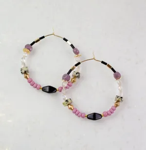 Purple, Pink and Black Beaded Hoops