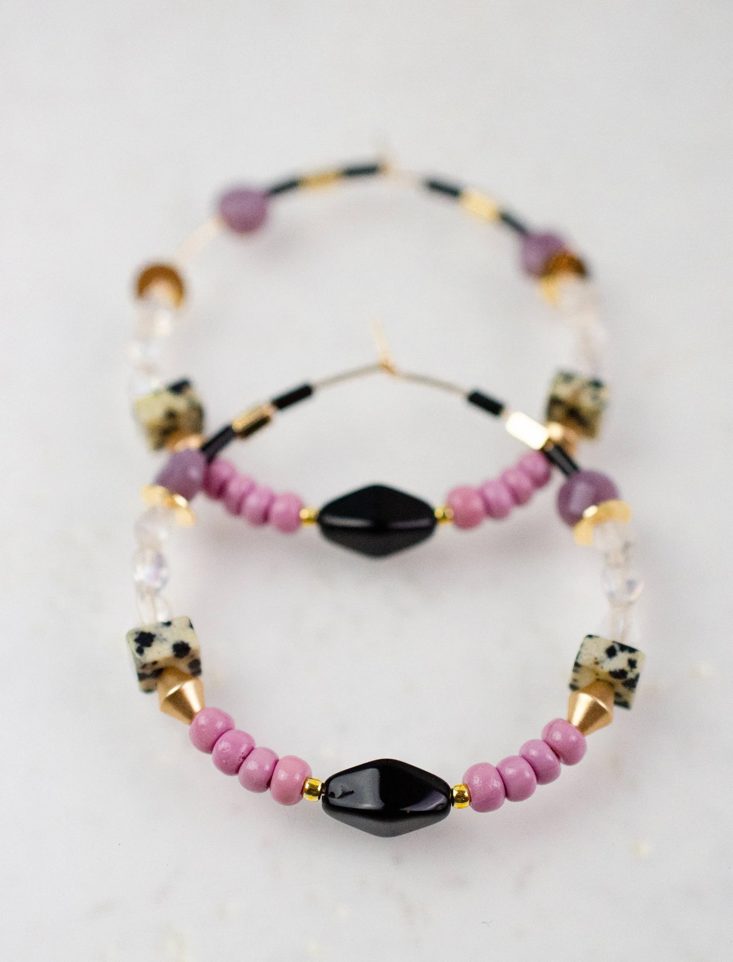 Purple, Pink and Black Beaded Hoops